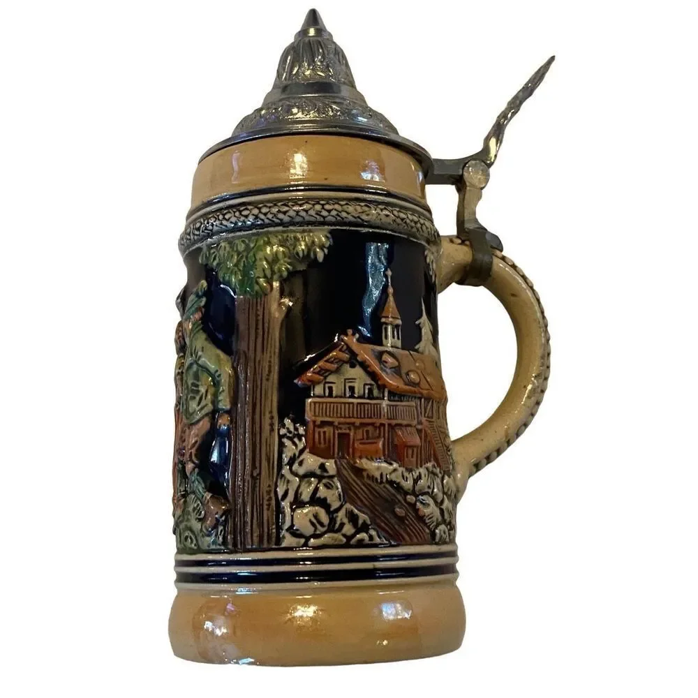 Vintage German Beer Stein 7” - Pewter Lid